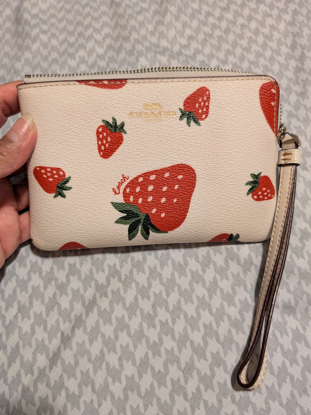 Coach Strawberry Print Wristlet Pouch in Cream and Red